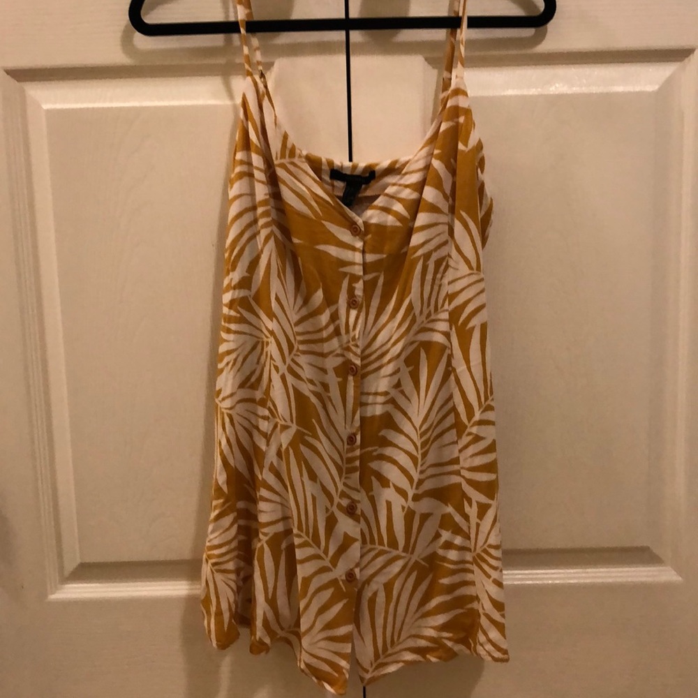 Yellow leaf print shift dress with buttons